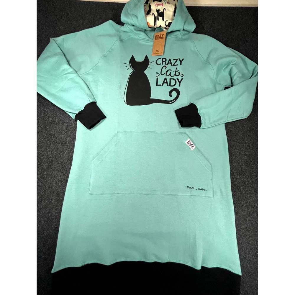 Lazy One Crazy Cat Lady Sleep Hoodie Women Small Medium Mint Green Fleece Lined